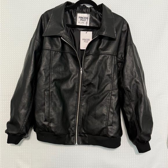 Princess Polly Goldsmith Faux Leather Bomber Jacket Black Oversized US 6 - Picture 12 of 15